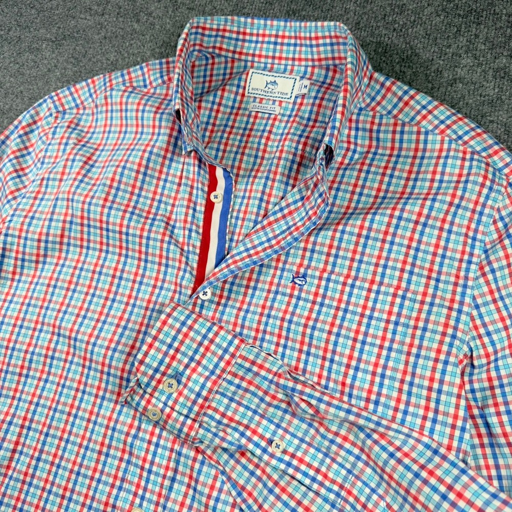Southern Tide Button Down Shirt Mens Medium Red Blue Check Stretch Classic Fit